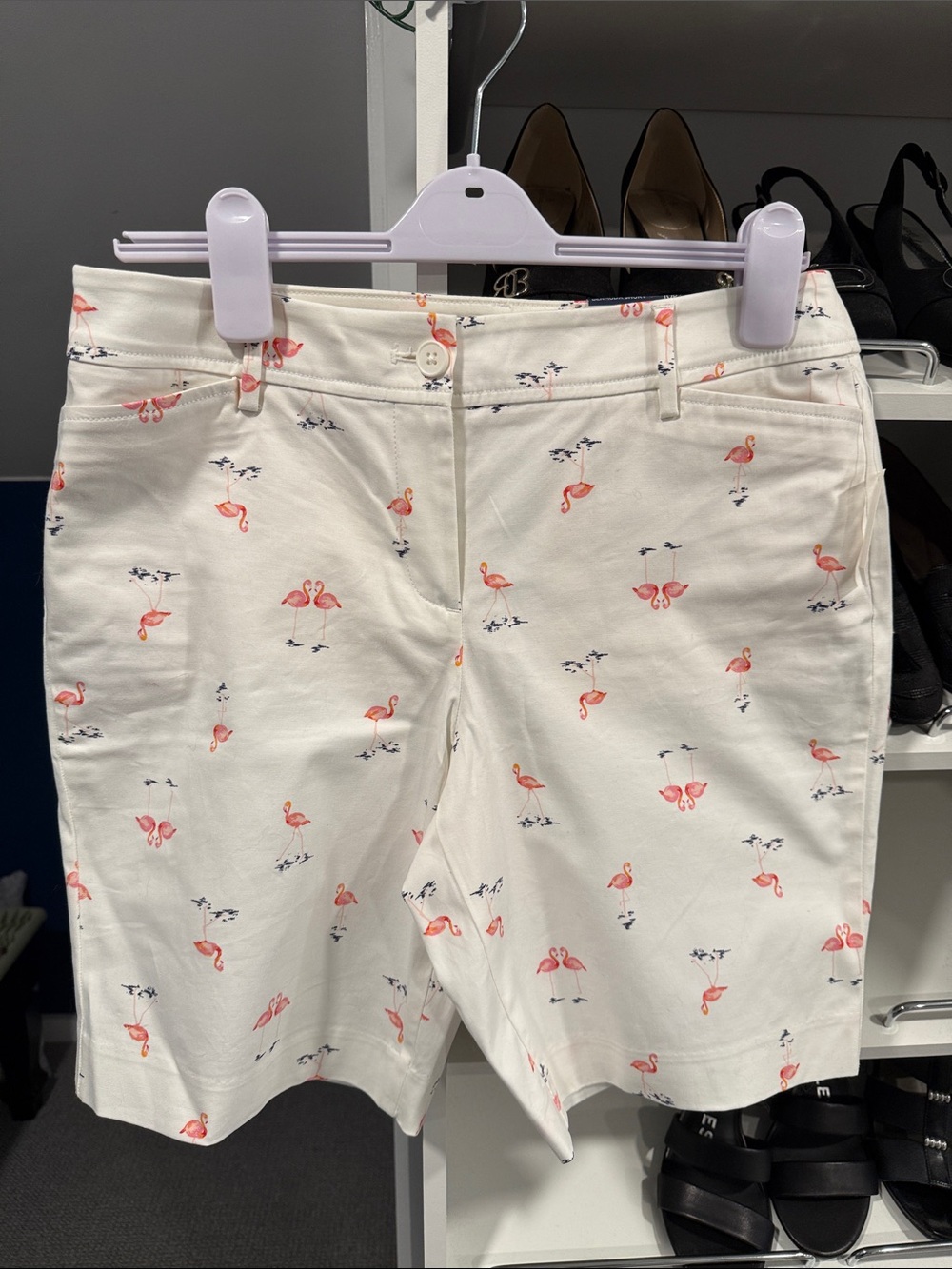 Talbots White Bermuda Shorts with Pink Flamingo Print